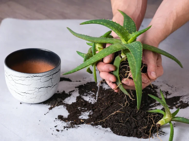 A person holds a potted plant with soil in one hand and a steaming cup of coffee in the other, enjoying a cozy moment.
