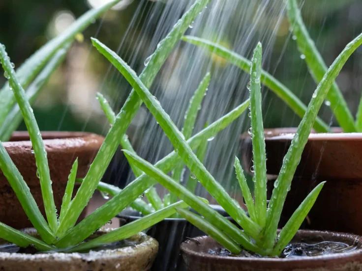 Aloe vera plants in pots with water droplets falling from the sky, creating a refreshing garden scene.