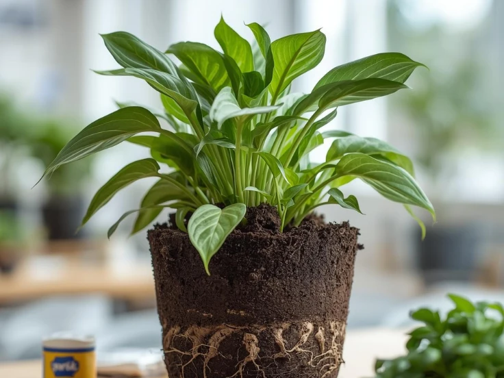 A green plant in a decorative pot sits on a wooden table, adding a touch of nature to the indoor space.