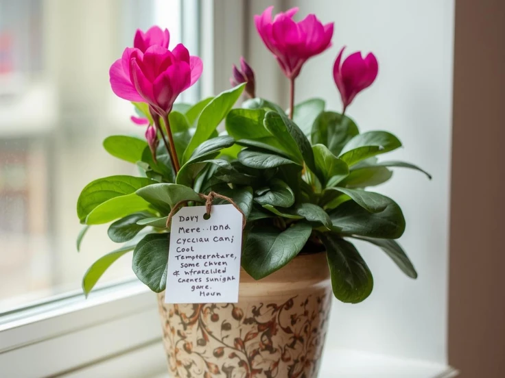 A beautiful cyclamen plant with a cheerful note from a friend, brightening the space with color and warmth.