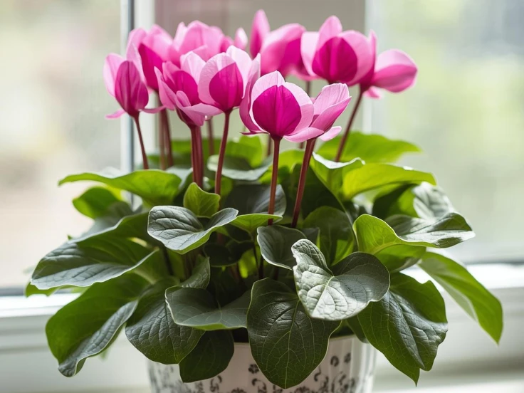 A potted plant with vibrant pink flowers on a sunny window sill, adding a touch of color to the indoor space.