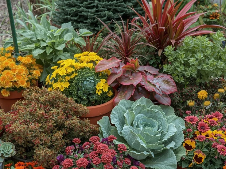 Colorful potted plants arranged together, featuring a mix of greens and bright flowers in different shapes and sizes.