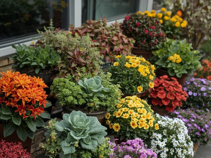An assortment of potted flowers, featuring diverse types and colors, creating a cheerful and lively display.