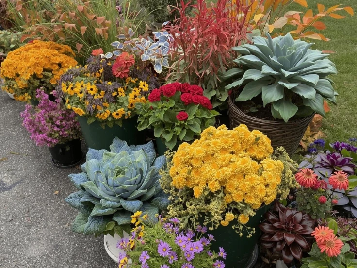 A vibrant row of potted flowers in various colors lining the roadside, adding charm to the scenery.