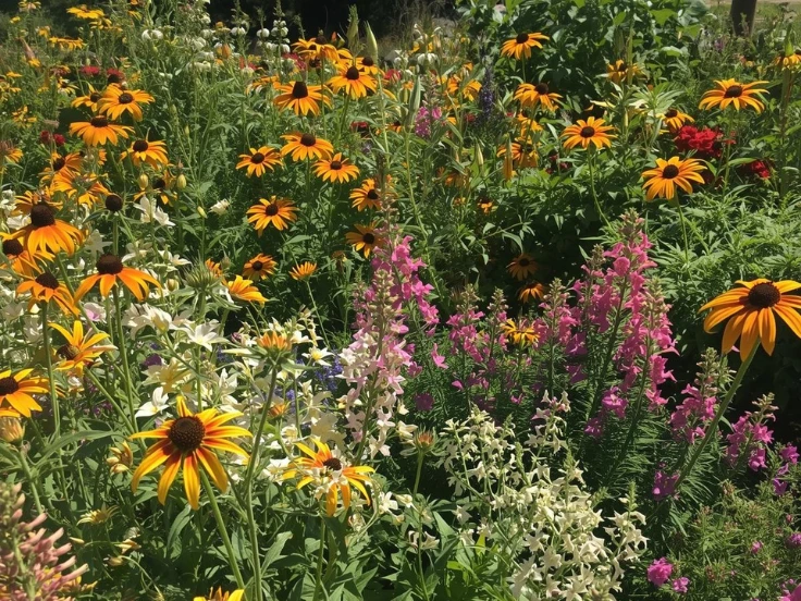 A vibrant garden filled with a variety of colorful flowers in full bloom under bright sunlight.