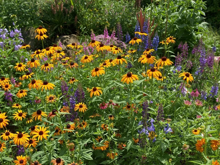 A lush garden brimming with diverse flowers, displaying a spectrum of colors and shapes under bright sunlight.