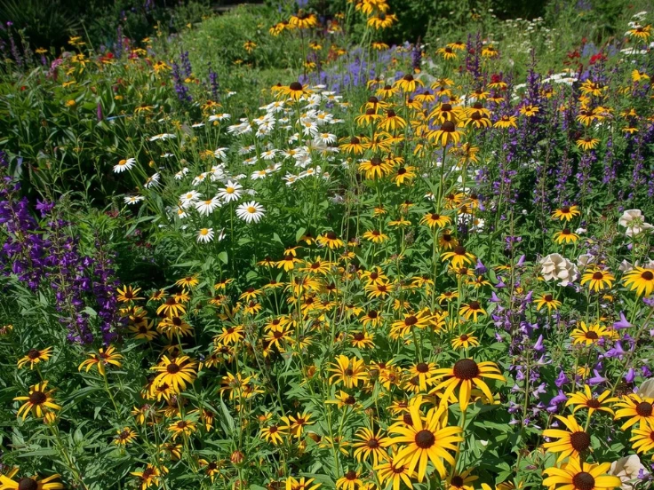 A lush garden brimming with diverse flowers, displaying a spectrum of colors and shapes under bright sunlight.