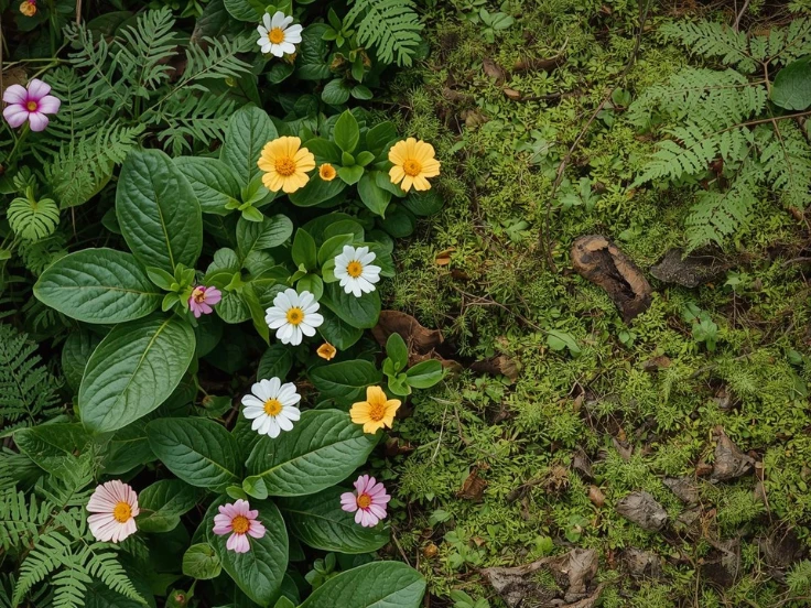 Colorful flowers and soft green moss nestled together on the forest floor, creating a vibrant natural scene.