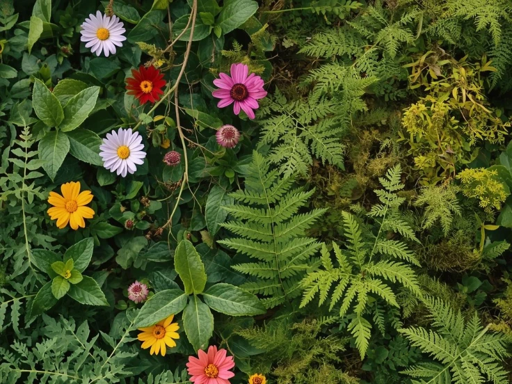 A decorative wall featuring numerous flowers and plants in various colors and shapes.