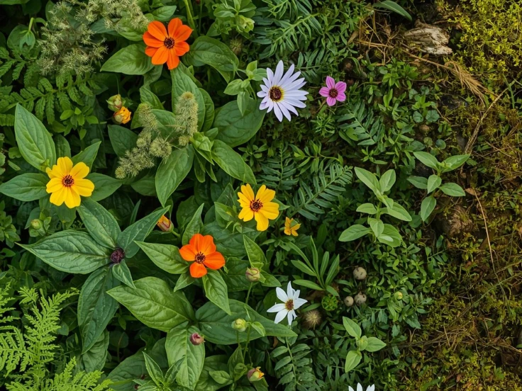 Colorful flowers and soft green moss nestled together in a serene forest setting.