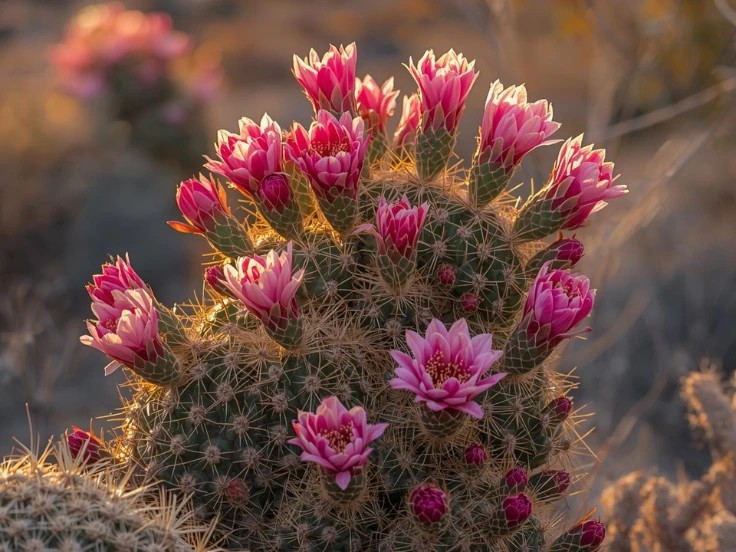 A vibrant cactus with pink flowers blooming in a sunny desert landscape.