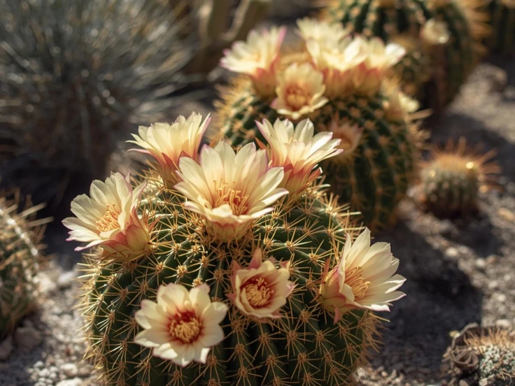 A cactus with vibrant yellow flowers blooming in a sunny desert landscape.
