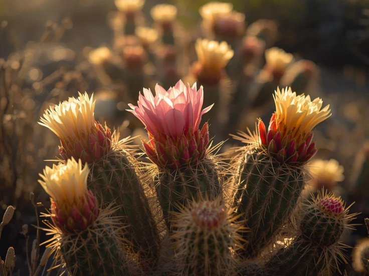A vibrant cactus with pink flowers basking in the sunlight.