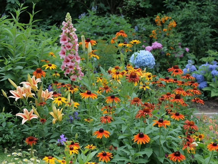 A diverse garden showcasing an array of blooming flowers and thriving plants in a sunny setting.