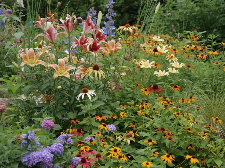 A vibrant garden filled with a variety of colorful flowers in full bloom, showcasing nature's beauty and diversity.