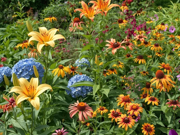 A vibrant garden filled with a variety of colorful flowers in full bloom, showcasing nature's beauty and diversity.