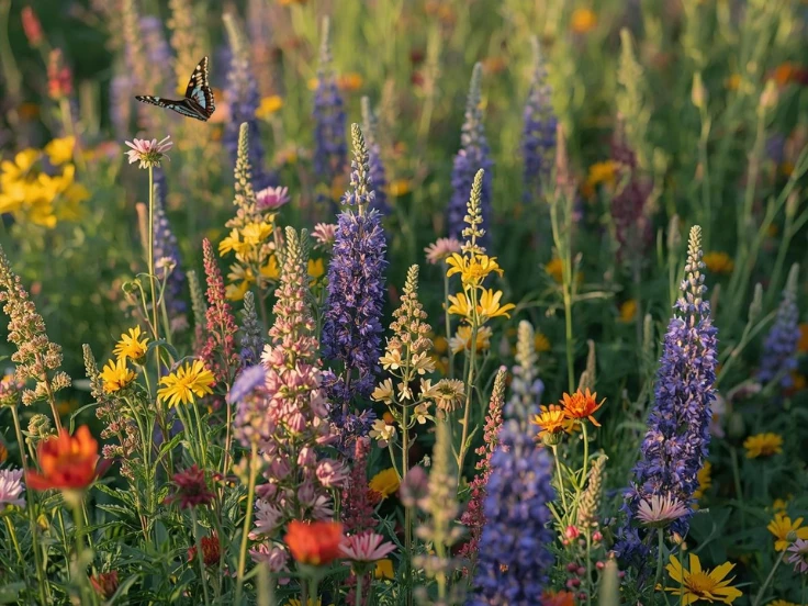 A butterfly gracefully flies over a vibrant field of colorful wildflowers under a clear blue sky.
