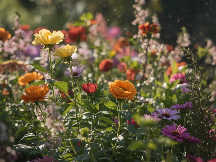 Colorful flowers glistening with raindrops, surrounded by a soft, blurred background of greenery.