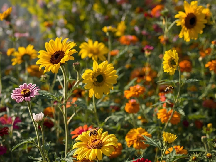A vibrant field of sunflowers showcasing a variety of colors under a clear blue sky.