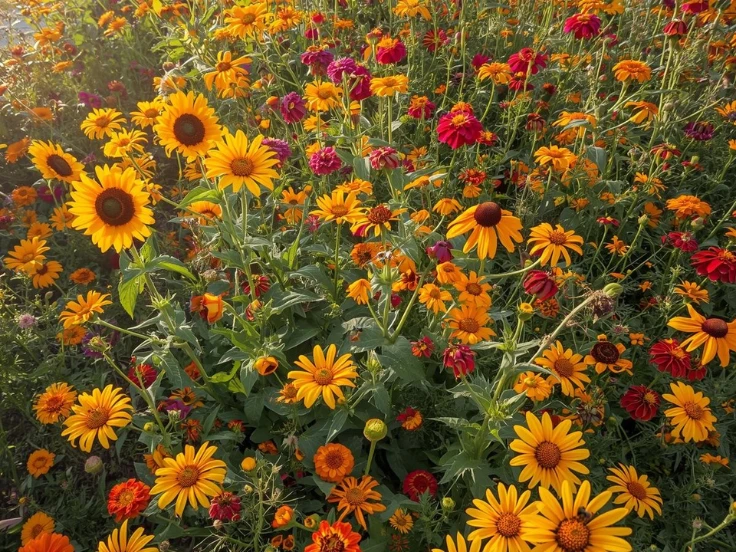 A vibrant field of sunflowers basking in sunlight, with rays shining through the bright yellow petals.