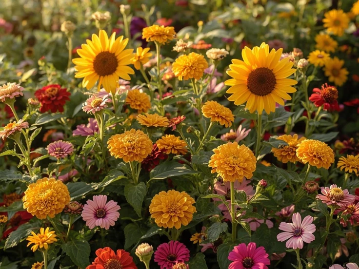 A vibrant field filled with sunflowers and a variety of colorful flowers swaying gently in the breeze.