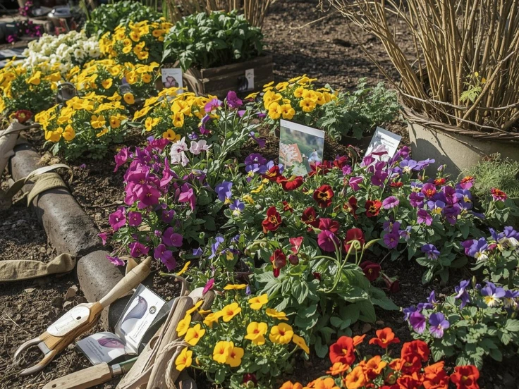 A vibrant garden filled with a variety of colorful flowers in full bloom, showcasing nature's beauty and diversity.