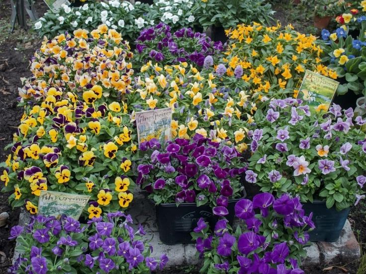 A colorful display of potted pansies in various shades, showcasing their vibrant blooms and lush green foliage.