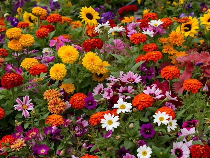 A vibrant garden filled with a variety of colorful flowers swaying gently in the breeze.