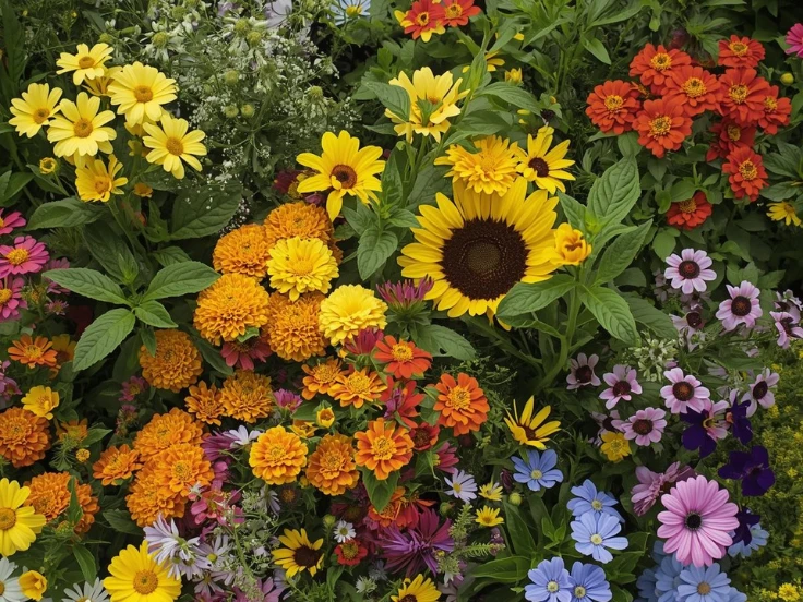 A vibrant assortment of colorful flowers in full bloom, showcasing a variety of shapes and hues.