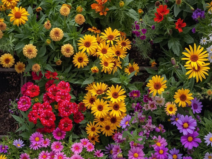 A vibrant flower bed filled with a variety of colorful blooms in full bloom.