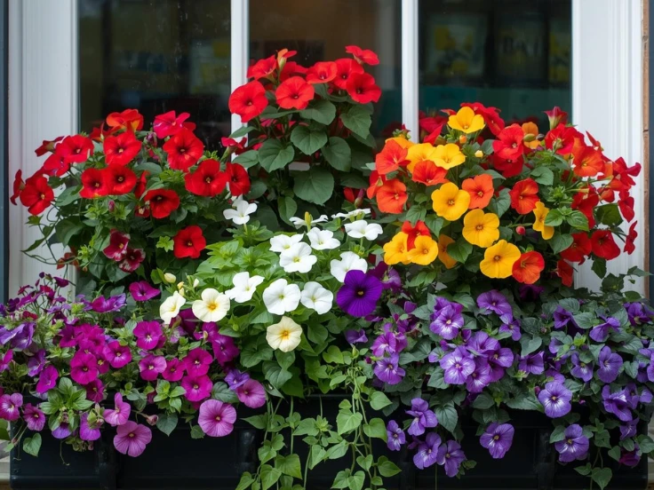 A lively window box filled with an array of colorful flowers, creating a beautiful display against the wall.
