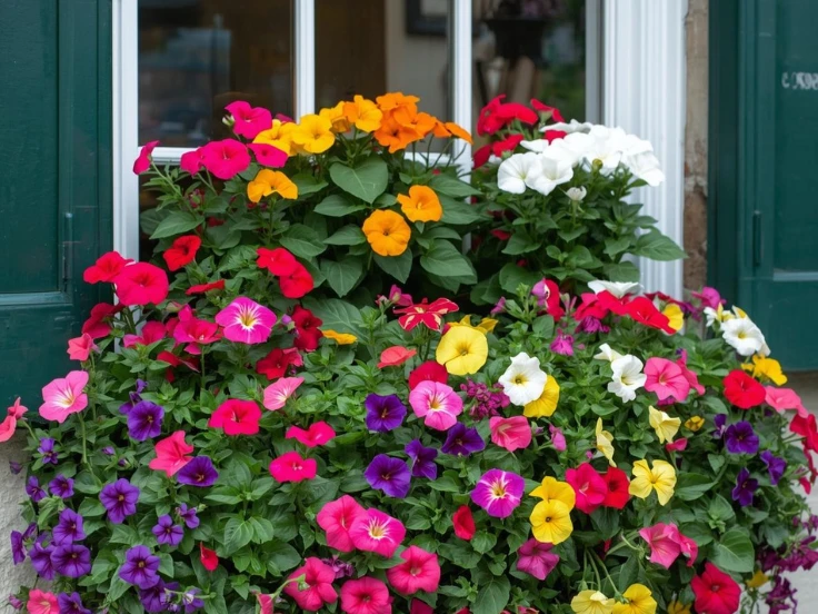 A cheerful window box brimming with an assortment of bright, blooming flowers.