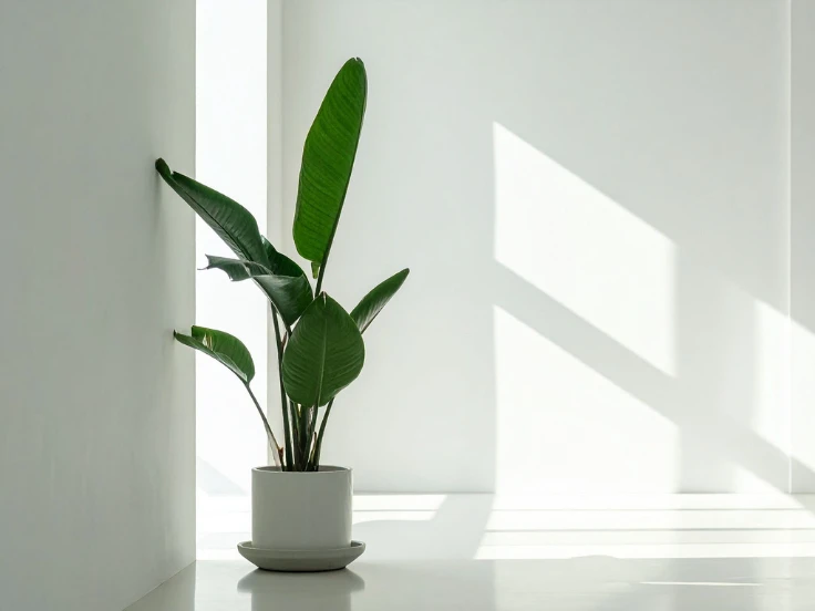 A small potted plant is positioned in front of a bright white wall, enhancing the simplicity of the space.