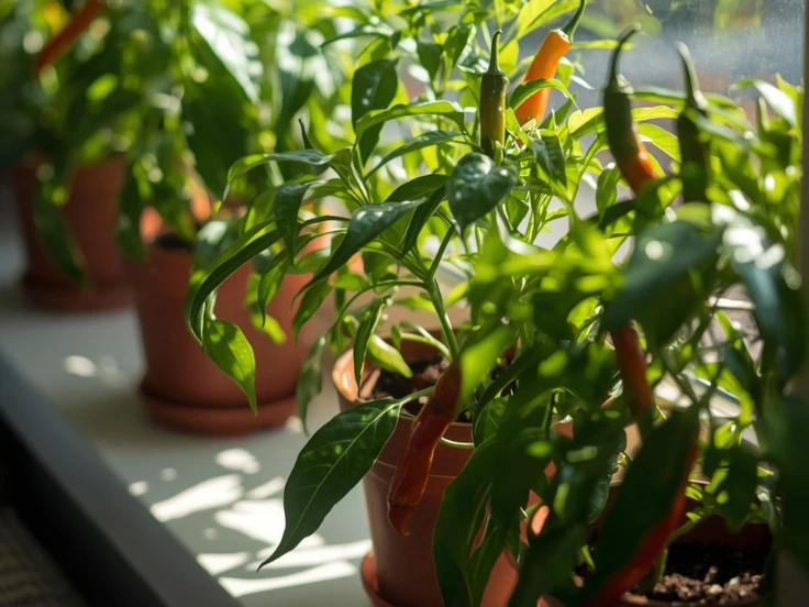Colorful potted pepper plants arranged in a neat row, showcasing their fresh produce.