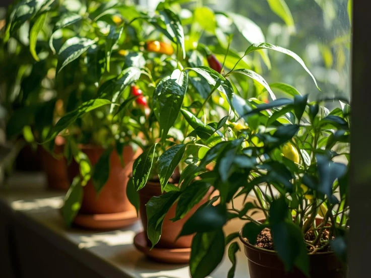 A window sill adorned with various potted plants, showcasing vibrant greenery and natural beauty.