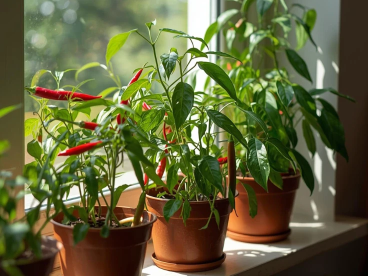 A trio of pots filled with bright chili peppers sits on a window sill, basking in the sunlight.