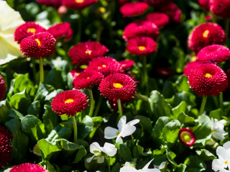 A vibrant garden filled with blooming red and white flowers, showcasing a beautiful natural landscape.