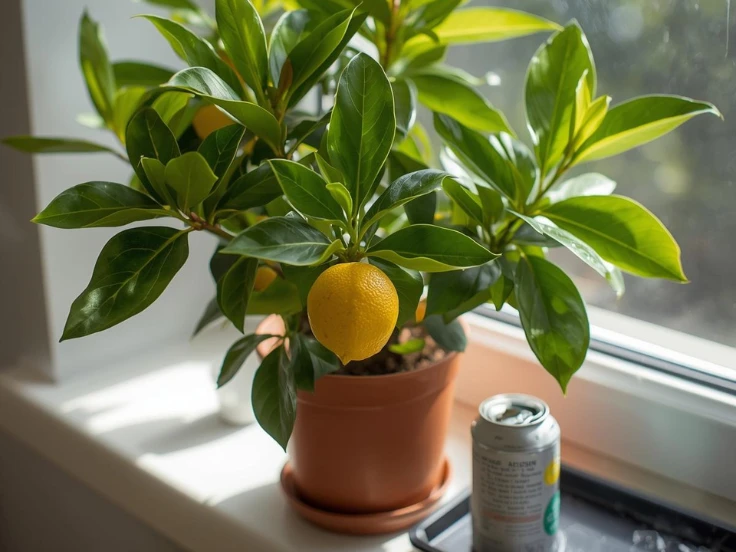 A small lemon tree in a pot is placed on a windowsill, featuring glossy leaves and ripe lemons ready for picking.