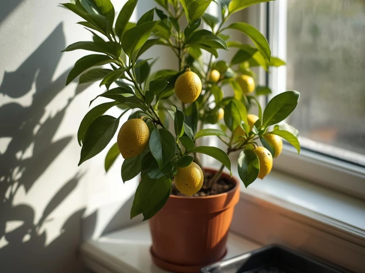 A cheerful lemon tree in a pot rests on a windowsill, with bright green foliage and ripe lemons peeking through.