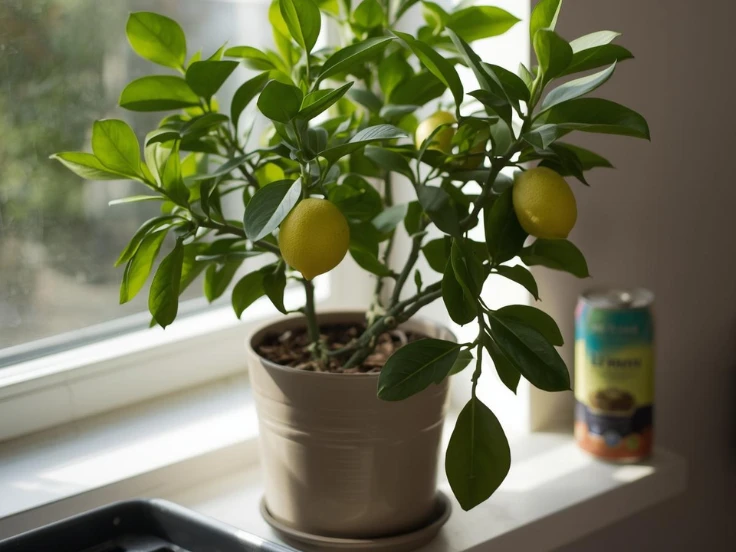 A potted lemon tree sits on a sunny windowsill, showcasing vibrant green leaves and small yellow lemons.
