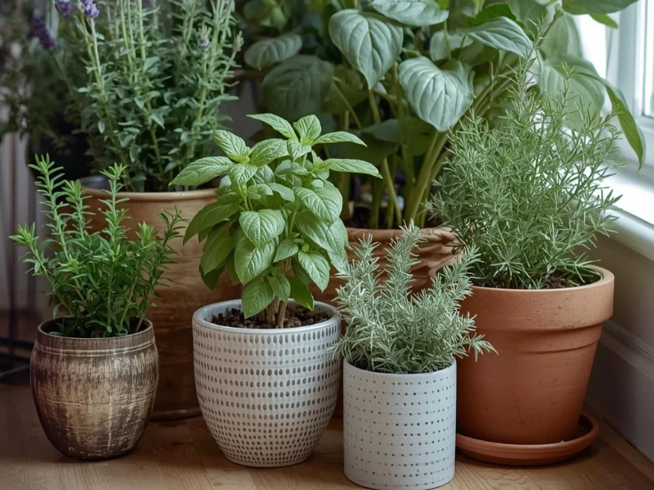 A variety of herbs and plants in pots arranged on a wooden floor, showcasing vibrant greens and earthy tones.
