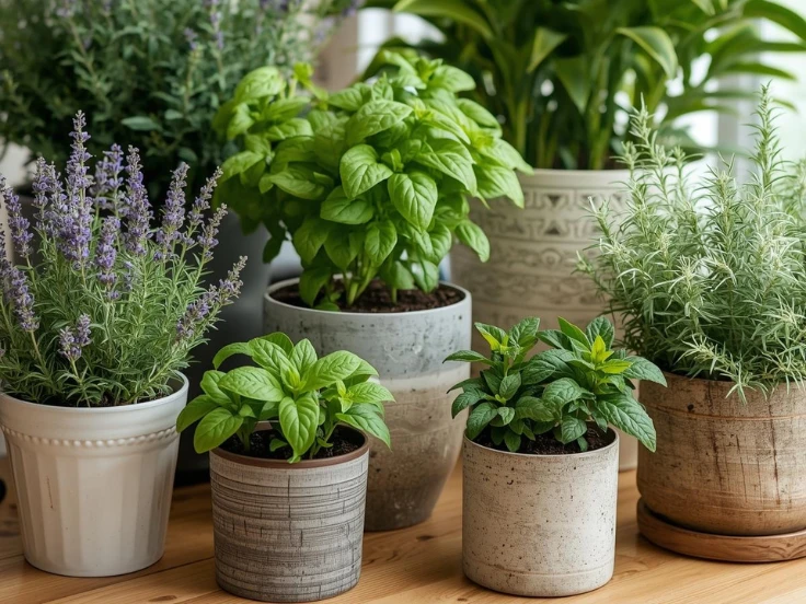 An assortment of potted herbs and plants displayed on a table, highlighting their diverse shapes and lush greenery.