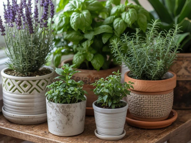 Fresh herbs in colorful pots sit on a table, adding a touch of greenery and life to the space.