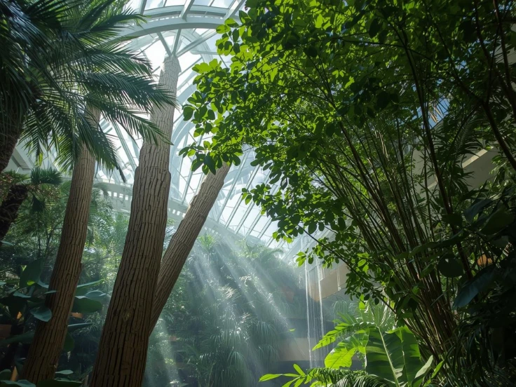 Bright sunlight streams through a glass ceiling, casting light on the flourishing plants in a tropical garden.
