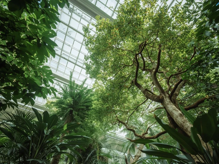 A large, lush tree stands prominently in a vibrant tropical garden filled with greenery and colorful plants.