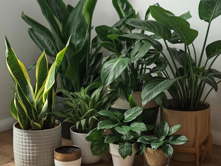 Lush indoor plants in decorative pots sit on a polished wooden floor, adding a touch of nature to the indoor space.