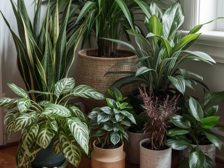 A collection of indoor plants in pots arranged on a warm wooden floor, showcasing vibrant greenery and natural beauty.