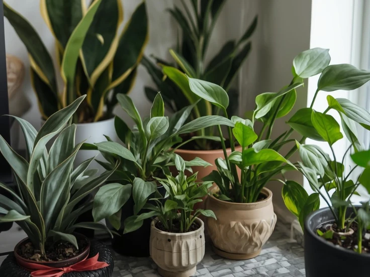 A collection of indoor plants in various pots arranged neatly on a kitchen counter.