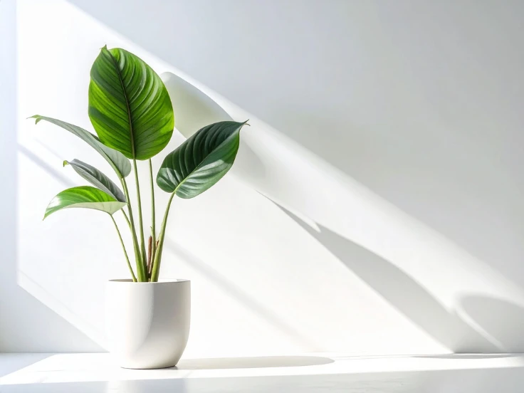 A green plant in a white vase, adding a touch of nature to a bright, clean space.