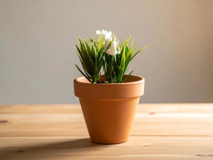 A small flower pot with white flowers sits on a wooden table, adding a touch of nature to the cozy setting.